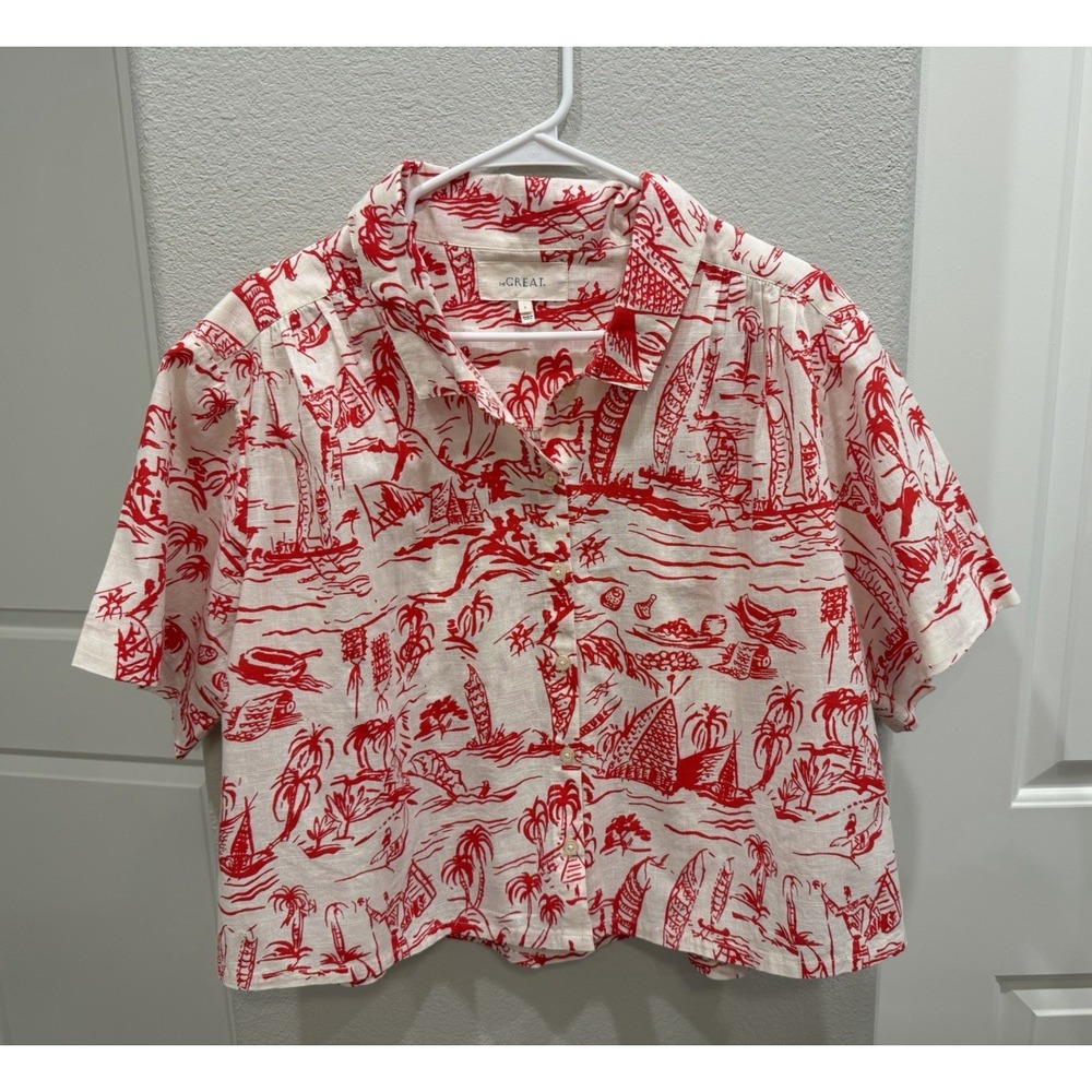 The Great Red & White Print Cotton Button-Front Camp-Style Shirt 3 (L) Boxy Crop
